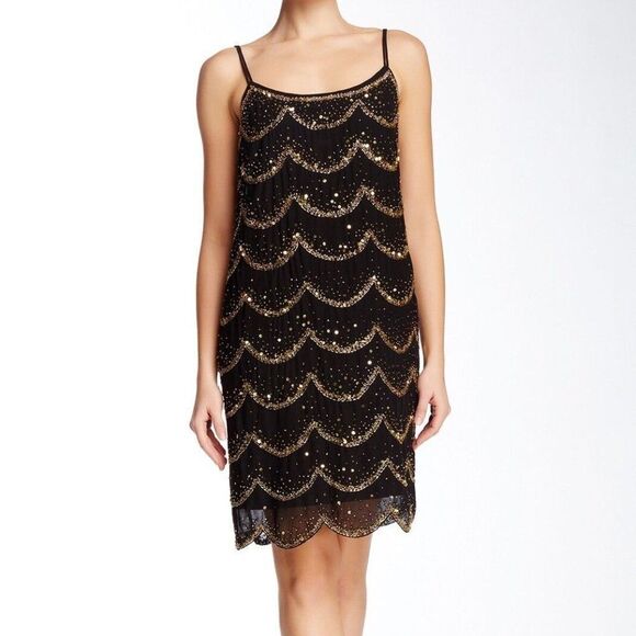 Marina Scalloped Sequin Beaded Georgette Sleeveless Black Gold Dress 12 - Picture 1 of 11
